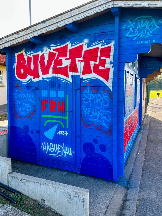 Photographie professionnelle d'une fresque murale de grande taille réalisée dans un espace public (esplanade, façade de bâtiment communal, parc ou rue), montrant une composition graphique moderne avec des jeux de couleurs, des formes géométriques ou abstraites, et une exécution maîtrisée. La fresque doit être prise en plein jour avec une perspective qui montre l'ampleur de l'œuvre et la intégration harmonieuse dans l'environnement urbain. L'image doit transmettre le professionnalisme et l'expertise en art urbain.