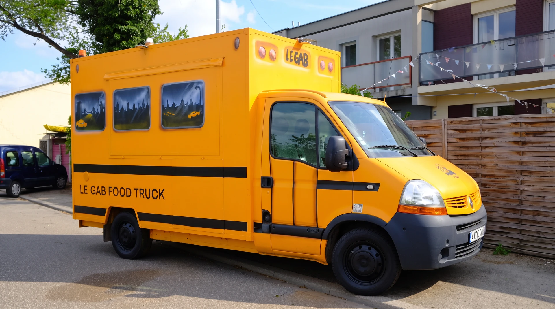 Camionnette utilitaire blanche stationnée en extérieur en plein jour, entièrement recouverte d'une peinture aérosol multicolore formant un design graffiti urbain personnalisé avec lettres stylisées, motifs géométriques et couleurs éclatantes (bleu, rose, jaune, vert), illustrant la customisation artistique du véhicule comme vitrine mobile de l'entreprise Jako Custom.